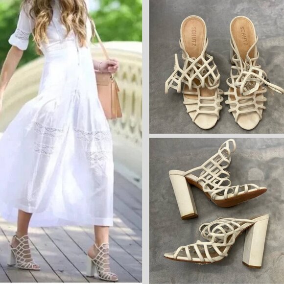 SCHUTZ Jaden Pearl Off White Caged Leather Block Heel Sandals - Picture 1 of 9